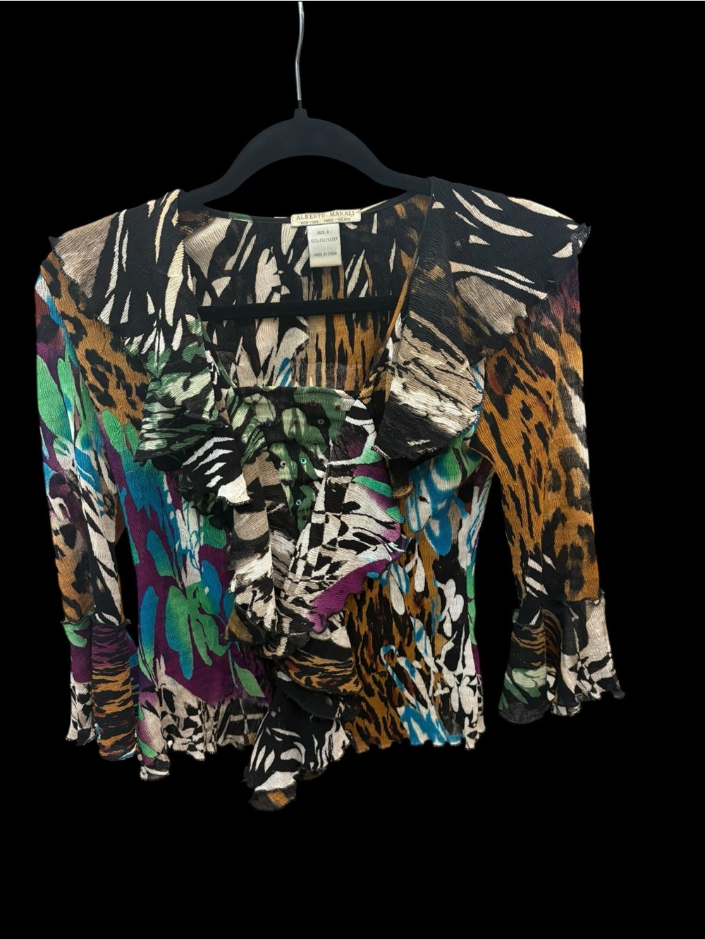 Alberto Makali Mixed Animal Print Ruffle Blouse Y2K Small S